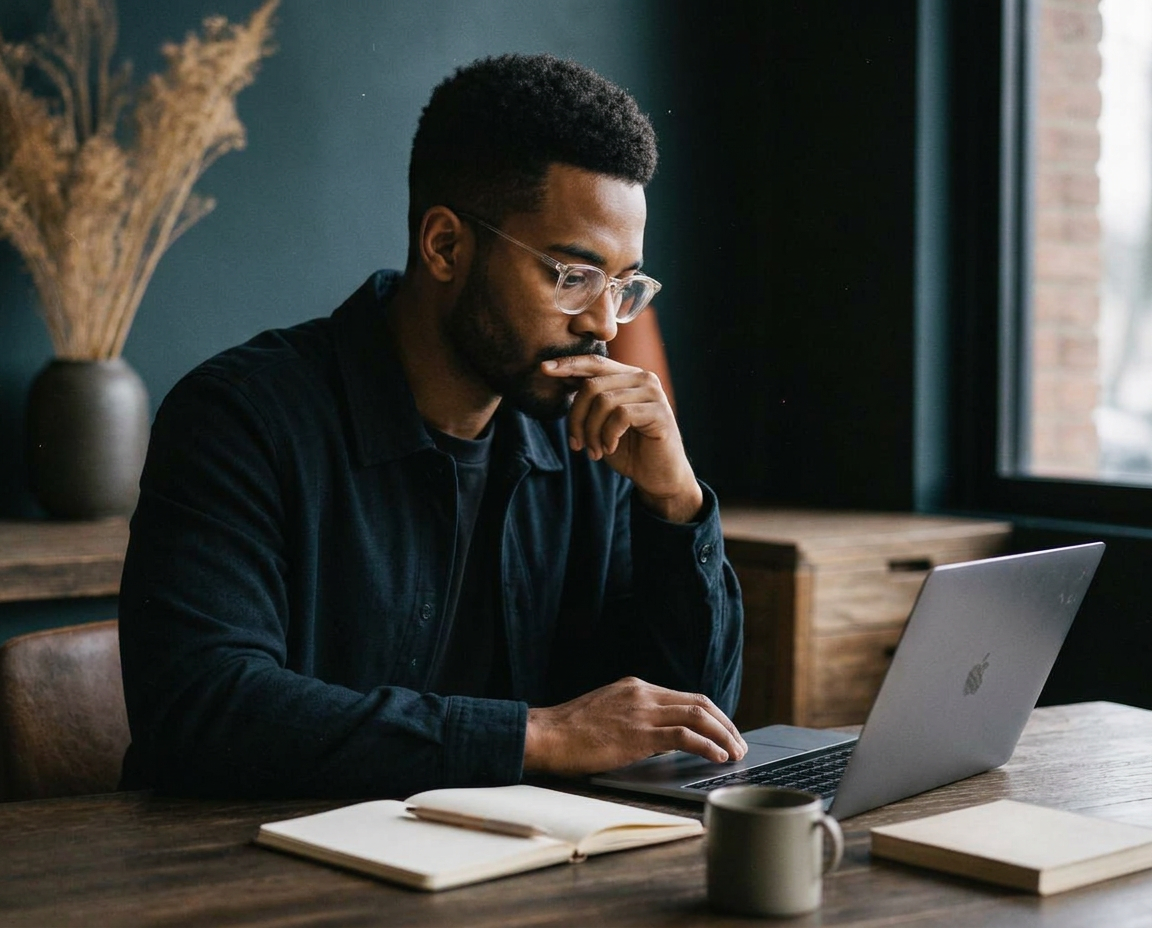 Solo founder sketching ideas in a notebook at a quiet desk