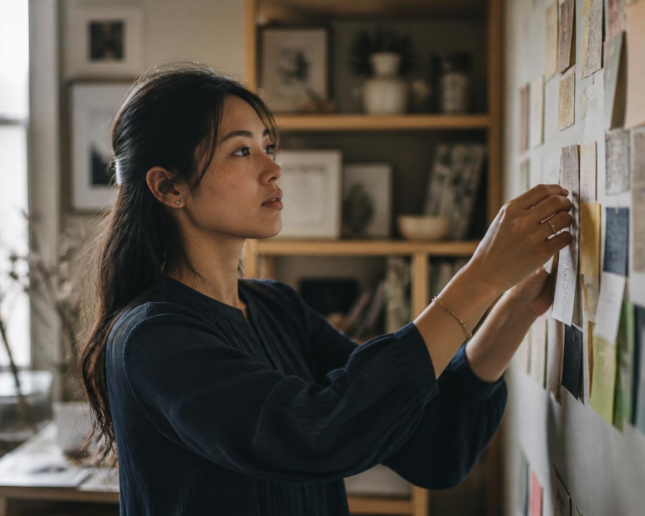 Solo founder arranging notes and index cards on a studio wall