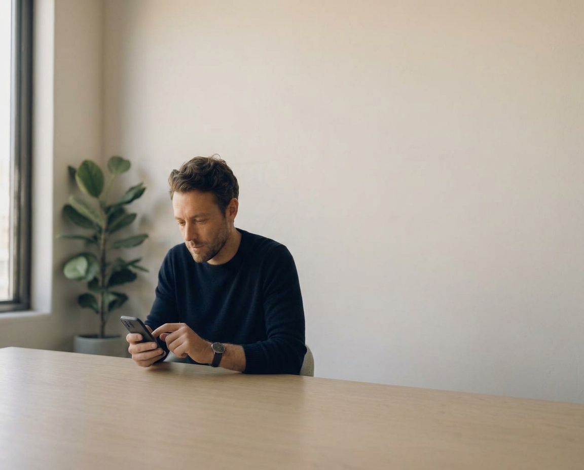 Solo founder texting on his mobile phone at a bright desk