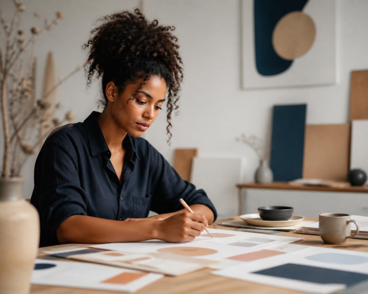 Solo founder mapping ideas on paper across a studio table