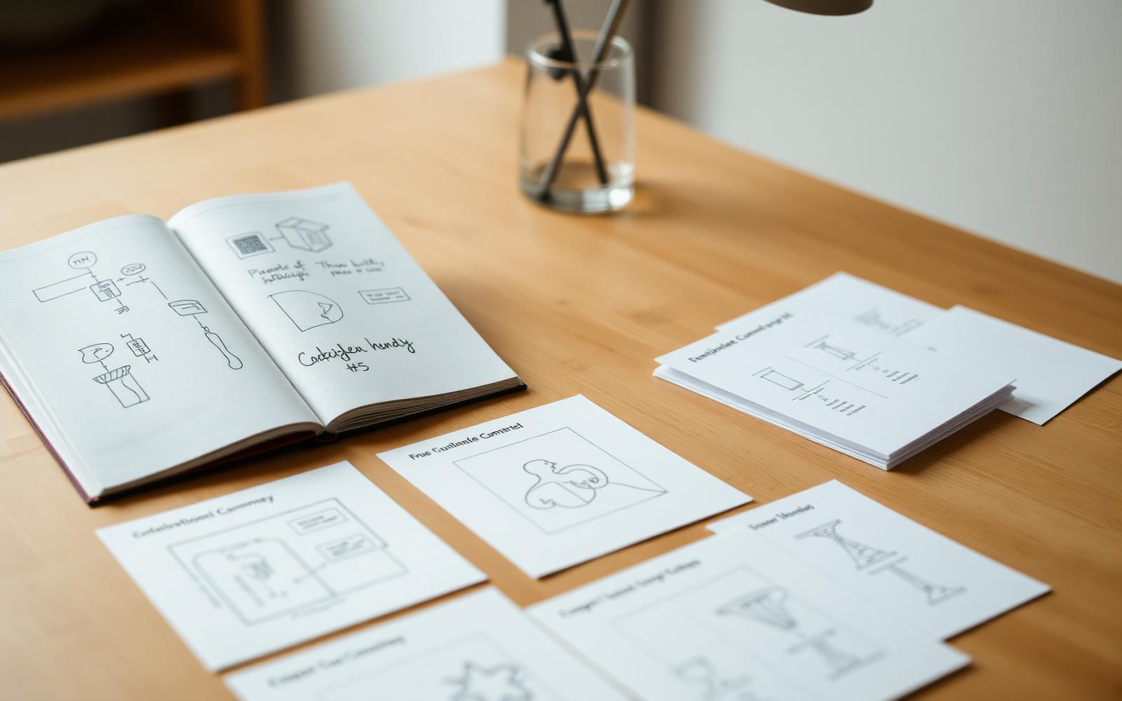A founder's desk with a notebook of hand-drawn diagrams and index cards spread across the surface