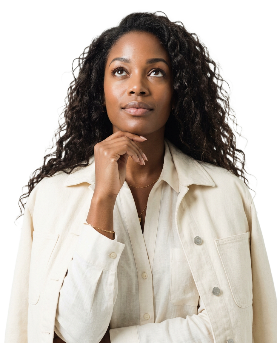 A woman in daywear looking upward, thinking about her next idea